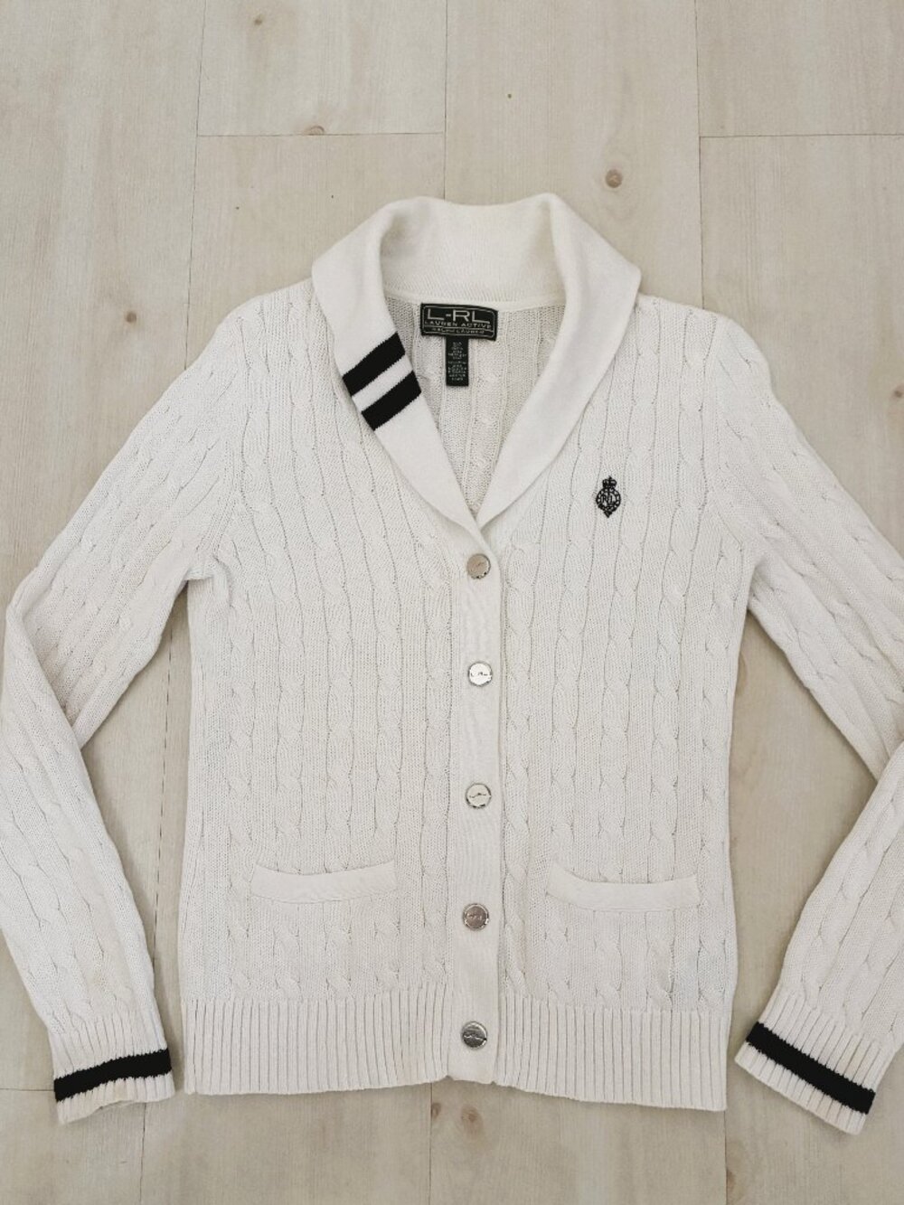 Lauren Ralph Lauren Active White CableKnit ShawlCollar Cardigan Sweater Size S/P